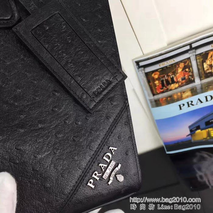 普拉達PRADA原單 2vG030-9 黑色原單駝鳥紋PRADA男士商務公事包 PHY1606